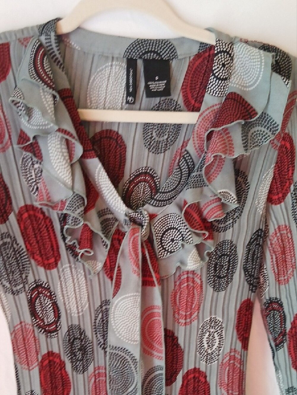 new directions Sage Green Ruffle-Neck Blouse with Red & Navy Dot Print - Picture 3 of 5